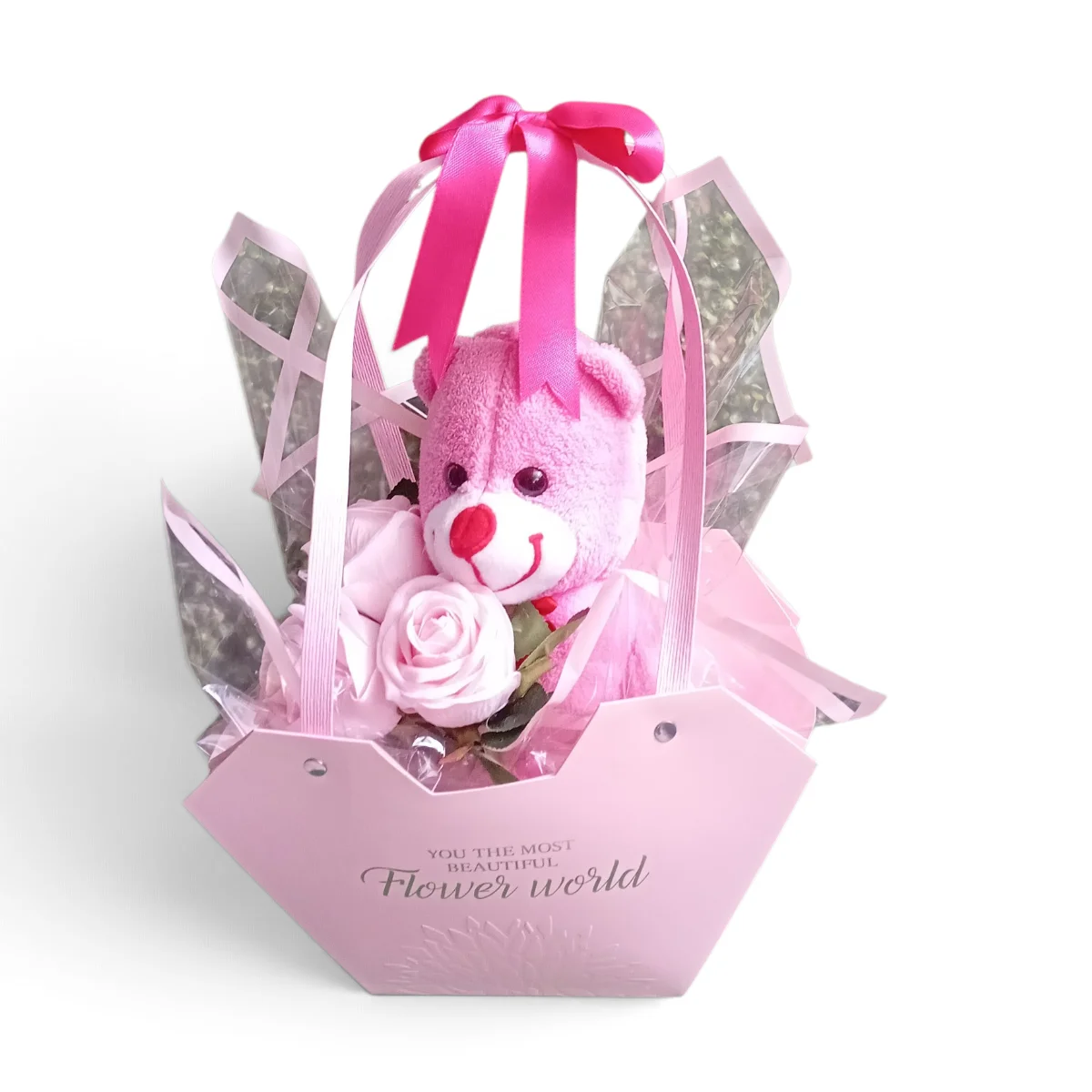 Çantada Peluş Ayıcık ve Pembe Gül Tasarımı
