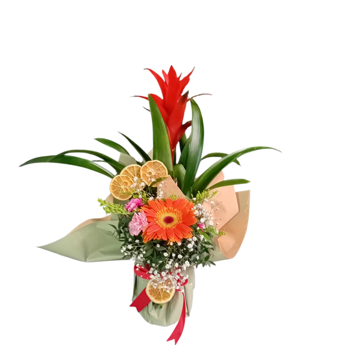 Kırmızı Guzmanya ve Turuncu Gerbera Tasarımı (Botanik Çiçek Evi) - Susurluk Çiçek Siparişi